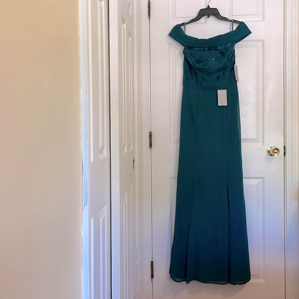 Chi Chi London Teal Fenella Off the Shoulder Trumpet Gown